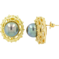 18K Yellow Gold Tahitian Pearl Lace-Edged Stud Earrings - 10.3mm