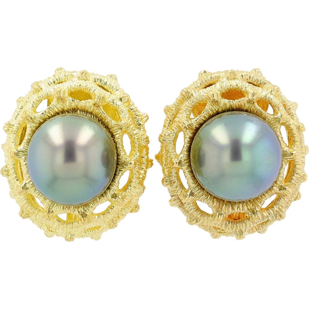 18K Yellow Gold Tahitian Pearl Lace-Edged Stud Earrings - 10.3mm