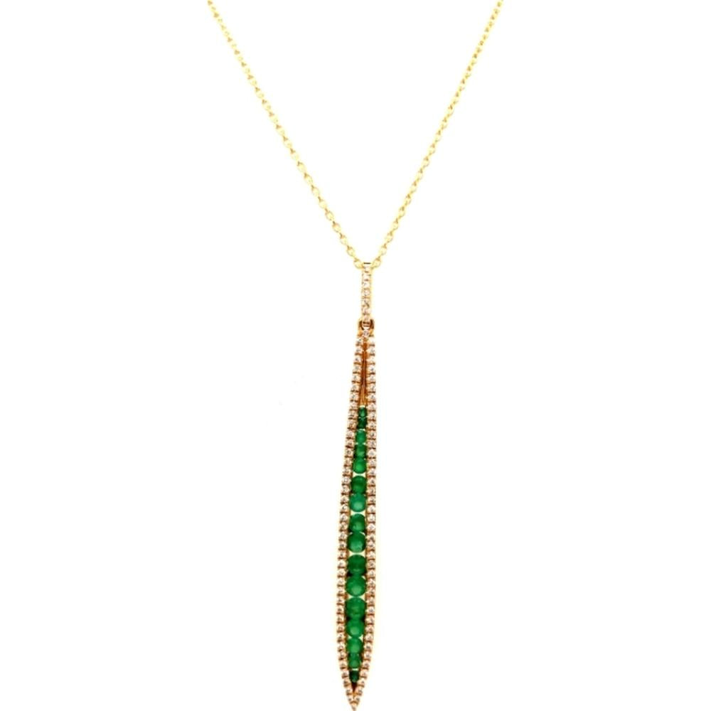 18K Yellow Gold Tapered Pendant Necklace with Round Emeralds and Diamond Accents by Afarin