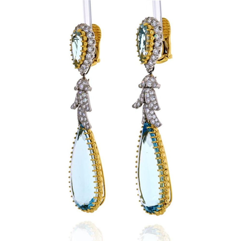 18K Yellow Gold Teardrop Aquamarine & Diamond Dangling Earrings - David Webb Signature Glamour