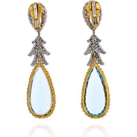 18K Yellow Gold Teardrop Aquamarine & Diamond Dangling Earrings - David Webb Signature Glamour