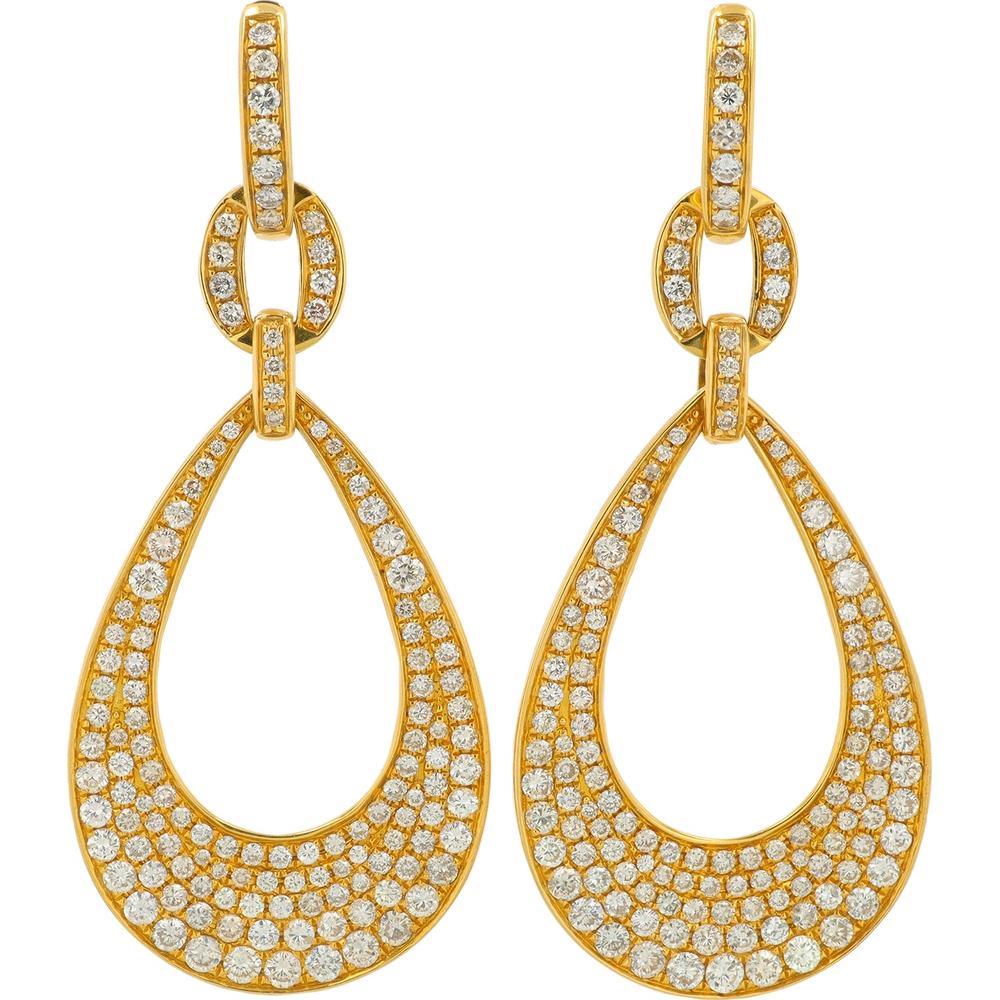 18K Yellow Gold Teardrop Dangle Earrings with 3.32 Carat Total Round Diamonds