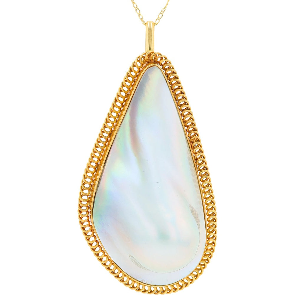 18K Yellow Gold Teardrop Pearl Pendant Necklace with Intricate Milgrain Border - 18 Inch Chain