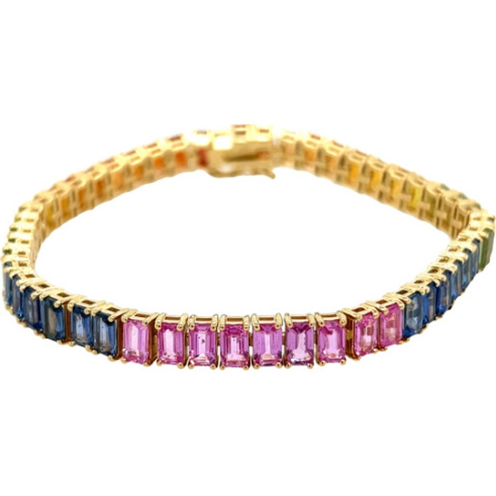 18K Yellow Gold Tennis Bracelet with Alternating Pink and Blue Emerald-Cut Sapphires by Afarin