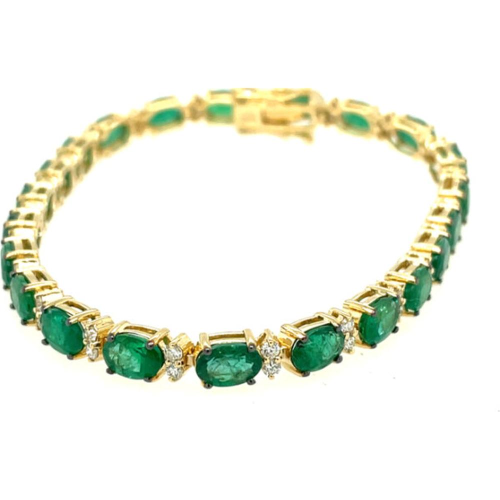 18K Yellow Gold Tennis Bracelet with Oval Emeralds and Diamond Accents by Afarin