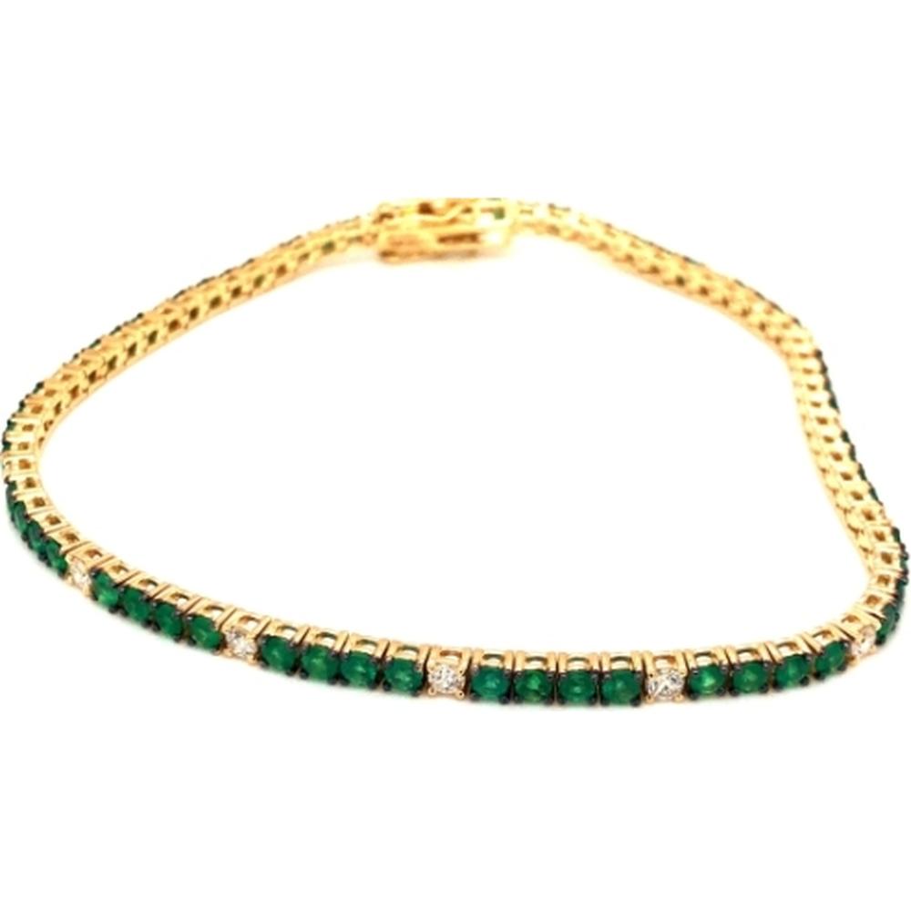 18K Yellow Gold Tennis Bracelet with Round Emeralds and Diamond Accents by Afarin