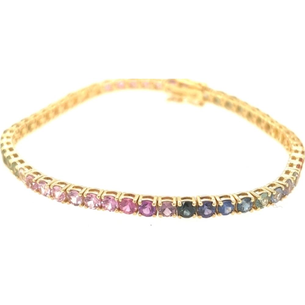 18K Yellow Gold Tennis Bracelet with Round Pink, Purple, and Blue Sapphires by Afarin