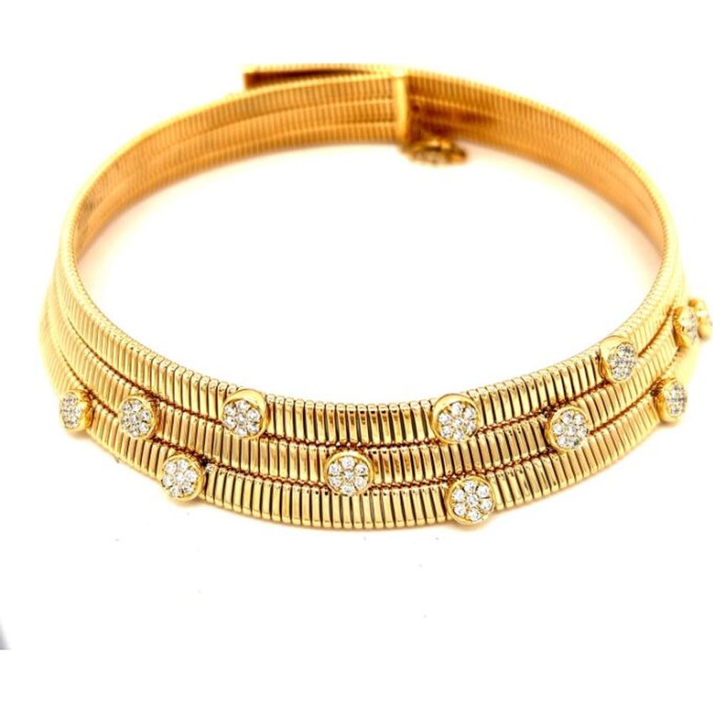 18K Yellow Gold Textured Diamond Bangle Bracelet with Round Diamond Stations by Afarin