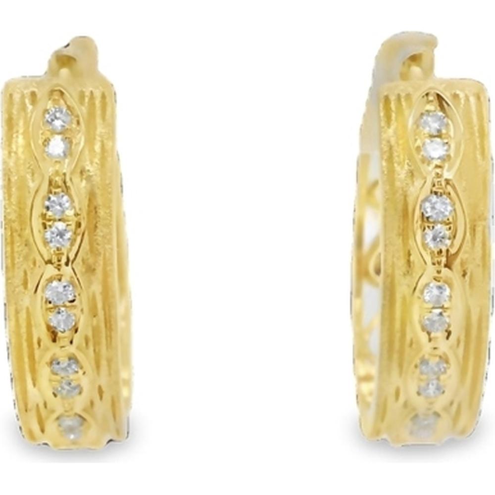 18K Yellow Gold Textured Huggie Hoop Earrings with Round Diamonds by Afarin