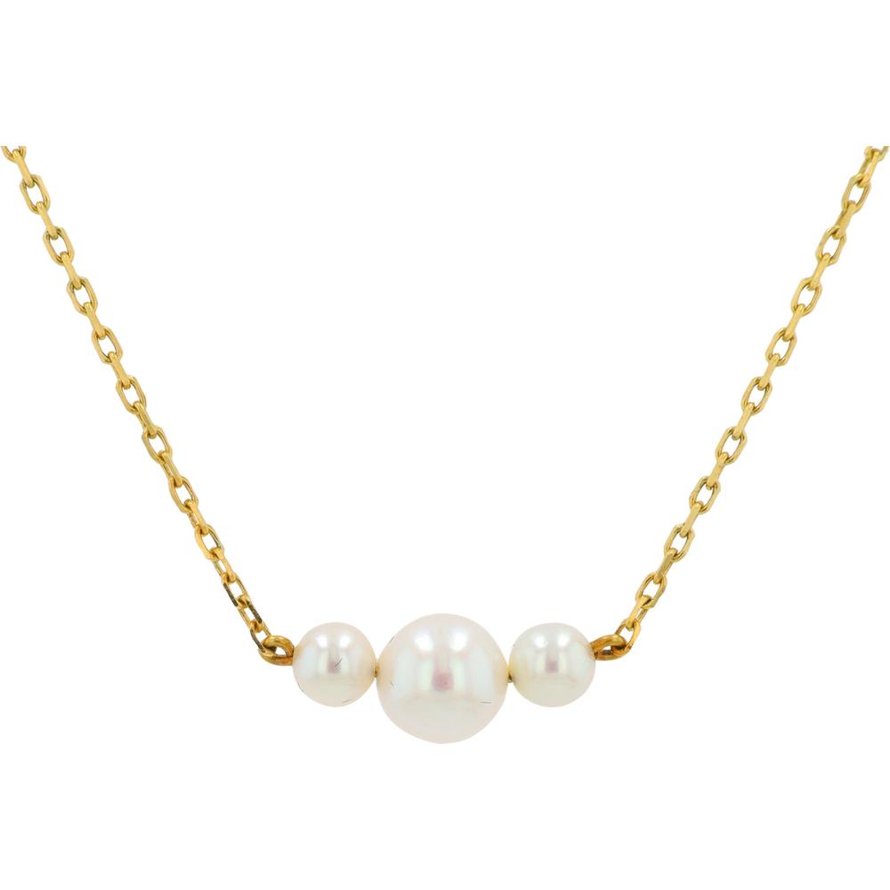18K Yellow Gold Three Pearl Necklace - 4 - 6mm Pearls