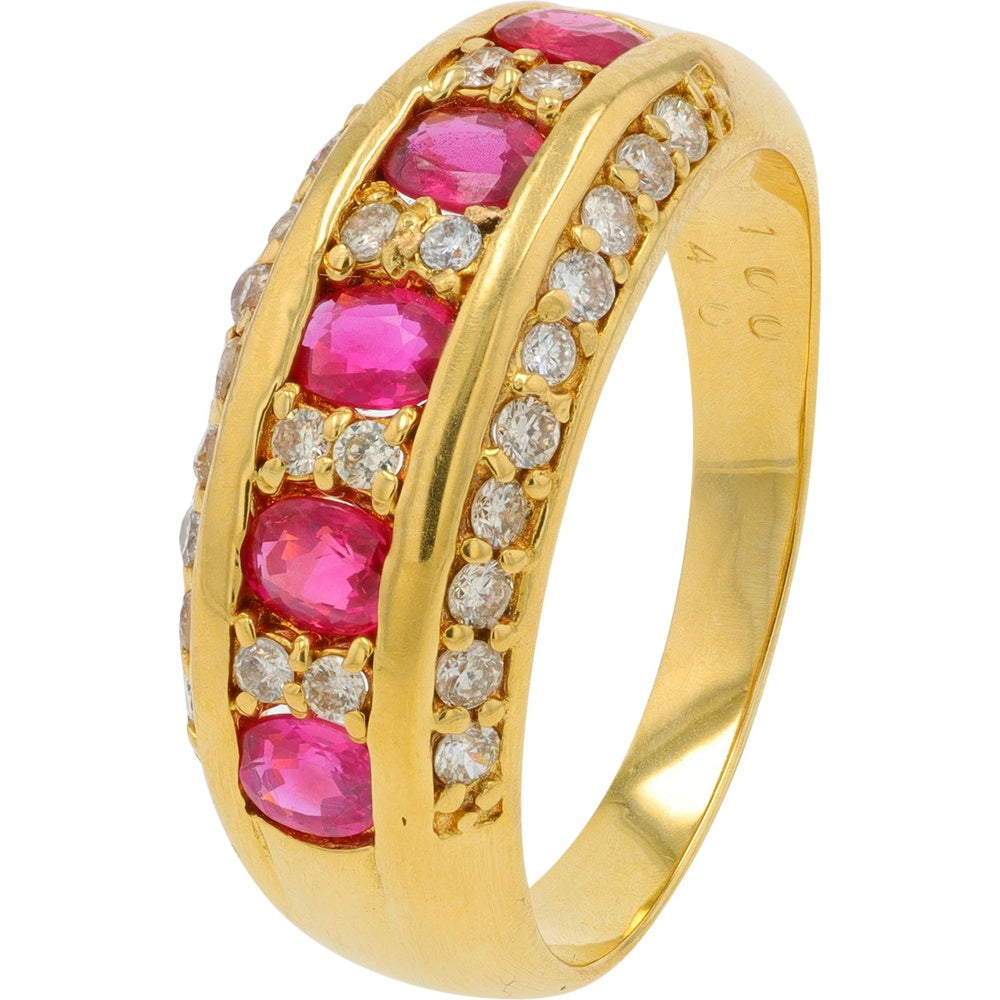 18K Yellow Gold Three-Row Band with Round Rubies and Brilliant Cut Diamonds - 1.00 Carat Total Ruby Weight and 0.40 Carat Total Diamond Weight