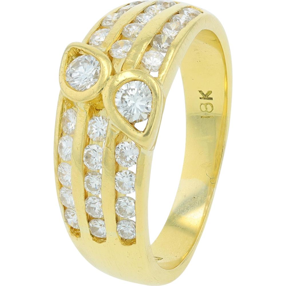18K Yellow Gold Three-Row Diamond Ring with Pear-Shaped Accents - 0.75 Carats Total Diamond Weight