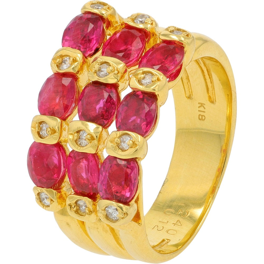 18K Yellow Gold Three-Row Oval Ruby Scalloped Ring with Flush-Set Diamond Accents - 2.40 Carat Total Ruby Weight and 0.12 Carat Total Diamond Weight