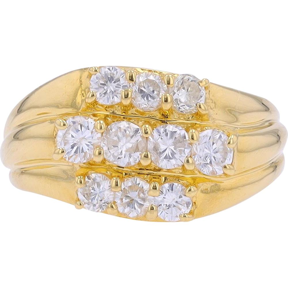 18K Yellow Gold Three Row Ring with Prong Set Round Diamonds - 1.10 Carat Total Diamond Weight