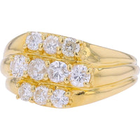 18K Yellow Gold Three Row Ring with Prong Set Round Diamonds - 1.10 Carat Total Diamond Weight
