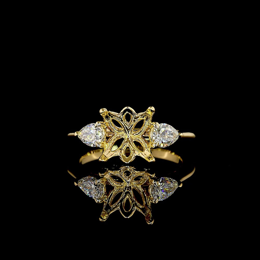 18K Yellow Gold Three-Stone Ring with 2.15 Carat Round Brilliant Lab Diamond (GIA D VVS2) and 0.41 Carat Pear Shape Lab Diamond Sides - 2.56 Carat Total Diamond Weight - Covaloro Fine Jewelry