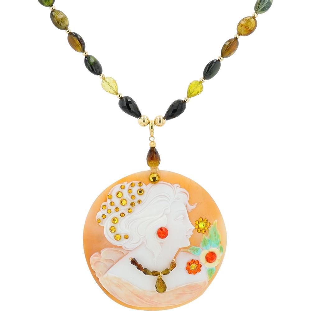 18K Yellow Gold Tourmaline Portrait Pendant Necklace - Unique Handcrafted Design with 21" Chain