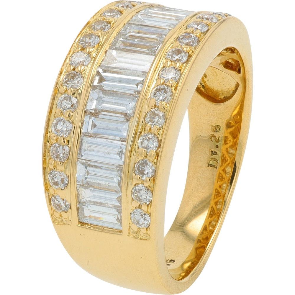 18K Yellow Gold Triple-Row Band with Channel-Set Baguette and Round Brilliant Diamonds - 1.25 Carat Total Diamond Weight