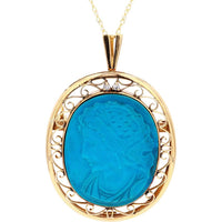 18K Yellow Gold Turquoise Cameo Pendant with Diamond Accents - 0.01 Carats Total Diamond Weight