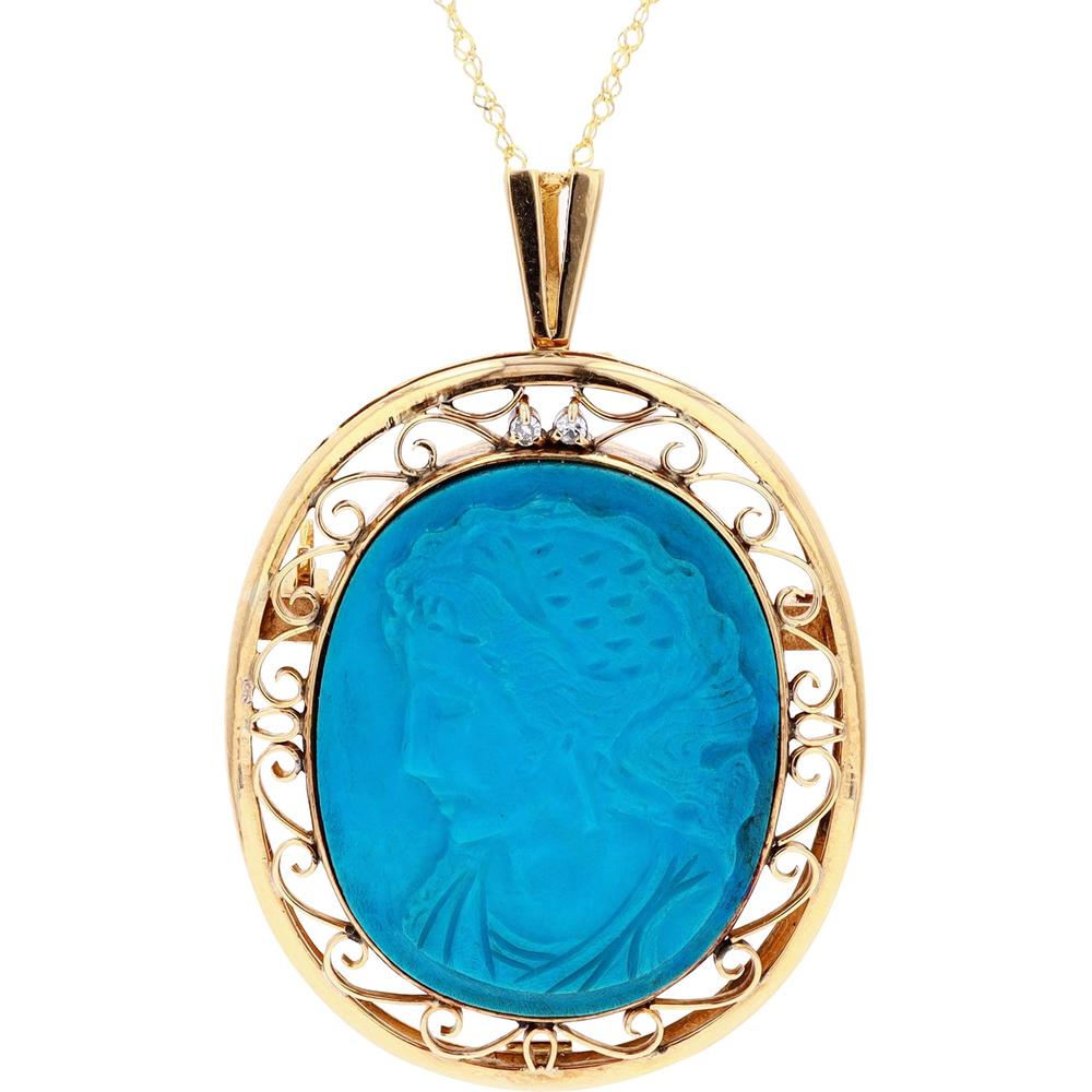 18K Yellow Gold Turquoise Cameo Pendant with Diamond Accents - 0.01 Carats Total Diamond Weight