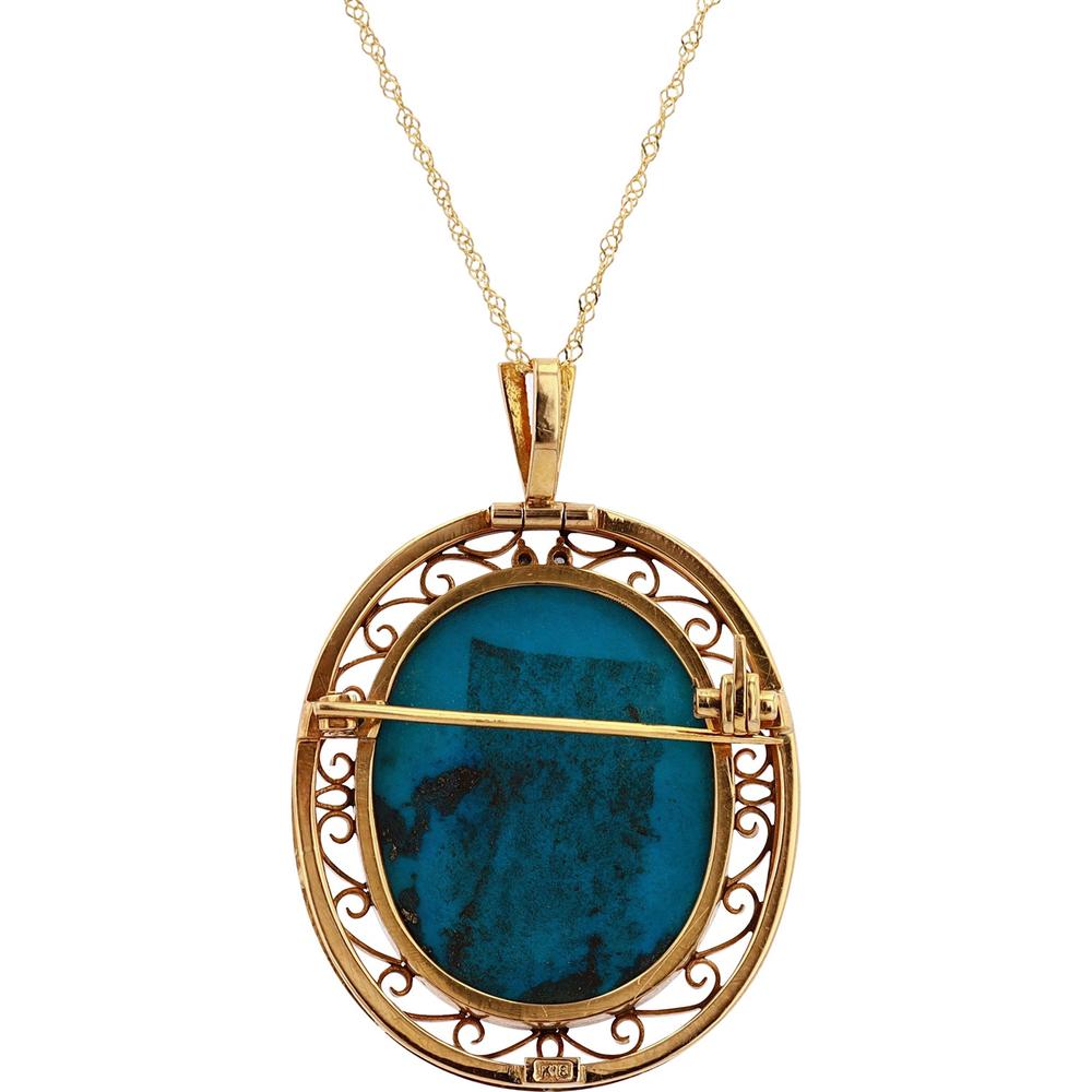 18K Yellow Gold Turquoise Cameo Pendant with Diamond Accents - 0.01 Carats Total Diamond Weight