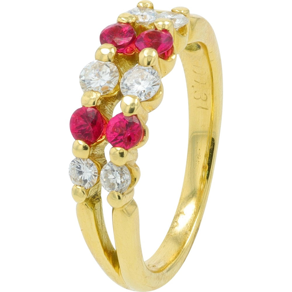 18K Yellow Gold Two-Row Band with Round Prong-Set Rubies and Diamonds - 0.33 Carat Total Ruby Weight and 0.31 Carat Total Diamond Weight