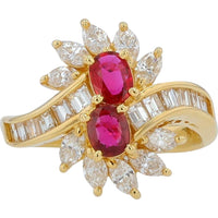 18K Yellow Gold Two Stone Oval Ruby Bypass Ring with 1.44 Carat Marquise and Baguette Diamonds