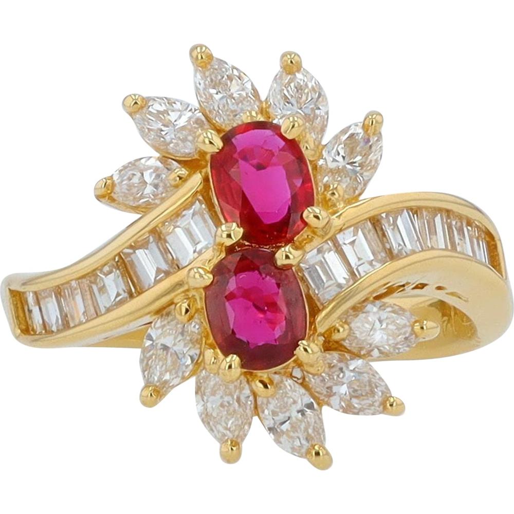 18K Yellow Gold Two Stone Oval Ruby Bypass Ring with 1.44 Carat Marquise and Baguette Diamonds