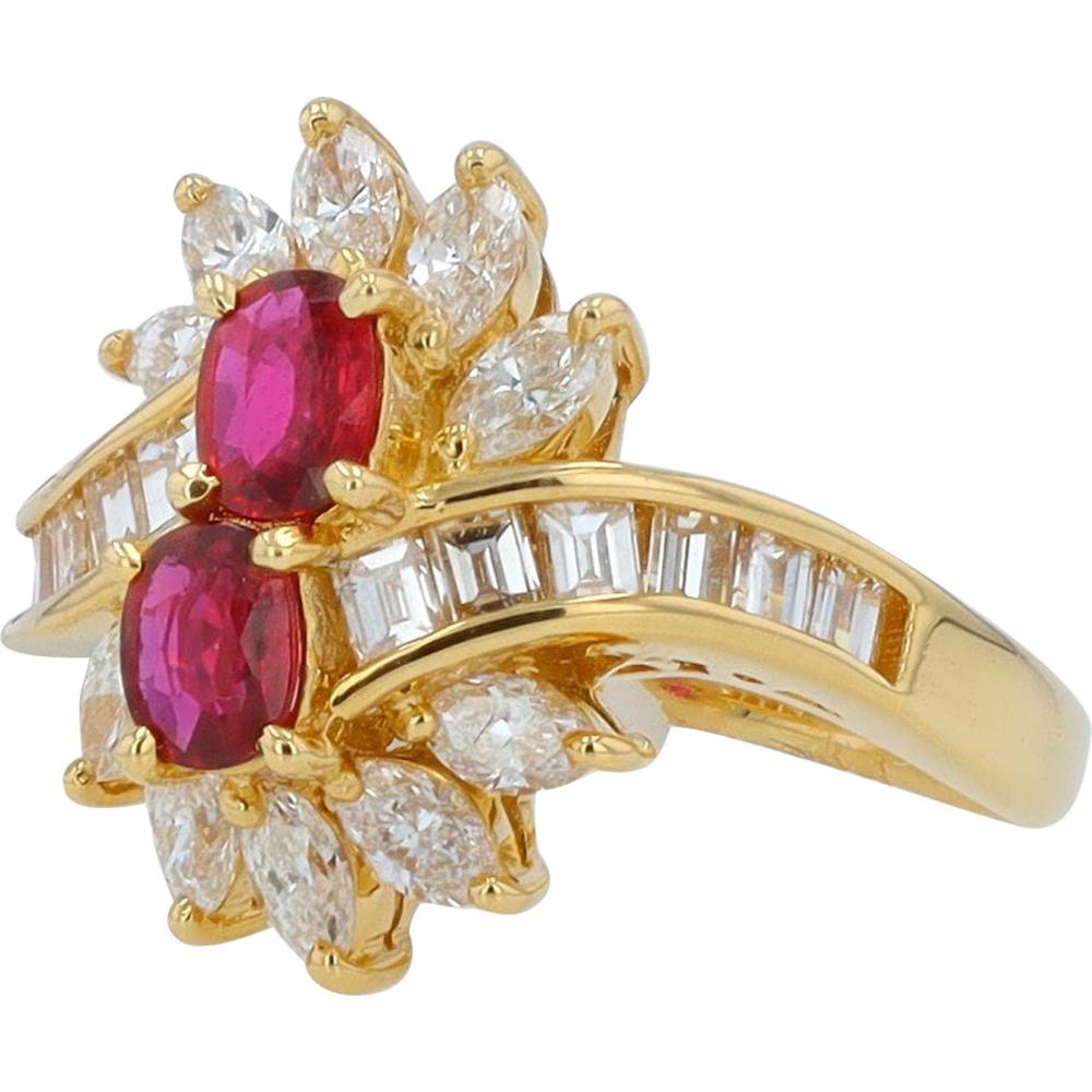 18K Yellow Gold Two Stone Oval Ruby Bypass Ring with 1.44 Carat Marquise and Baguette Diamonds