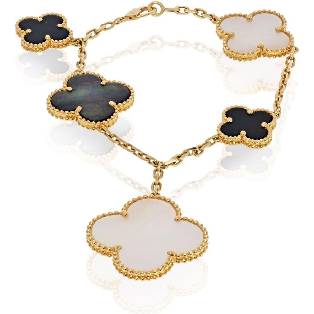 18K Yellow Gold Van Cleef & Arpels Magic Alhambra Bracelet with Mother of Pearl and Onyx - 17.6 Grams