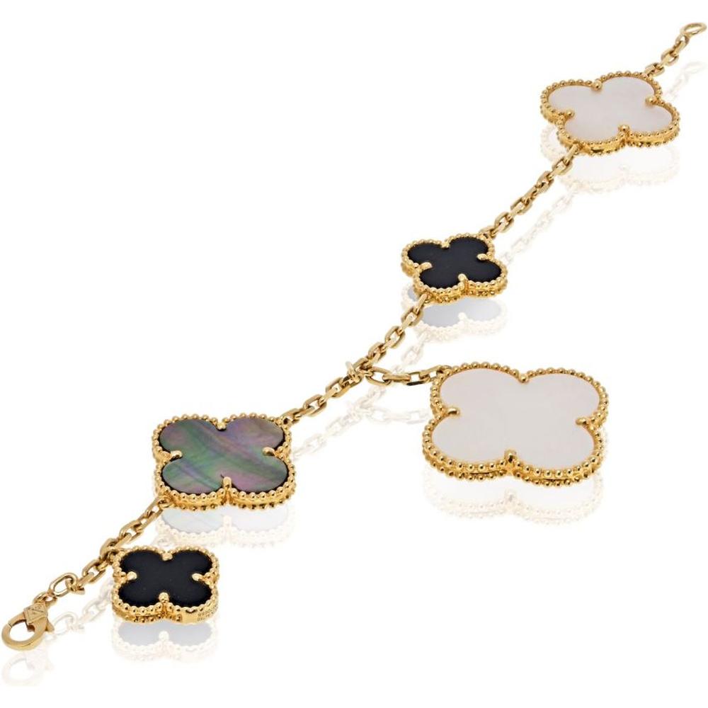 18K Yellow Gold Van Cleef & Arpels Magic Alhambra Bracelet with Mother of Pearl and Onyx - 17.6 Grams
