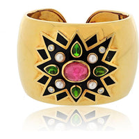 18K Yellow Gold Verdura Maltese Cross Cuff Bracelet with Tourmaline, Peridot, Pearls & Diamonds - Sunburst Design for Petite Wrist