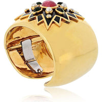 18K Yellow Gold Verdura Maltese Cross Cuff Bracelet with Tourmaline, Peridot, Pearls & Diamonds - Sunburst Design for Petite Wrist