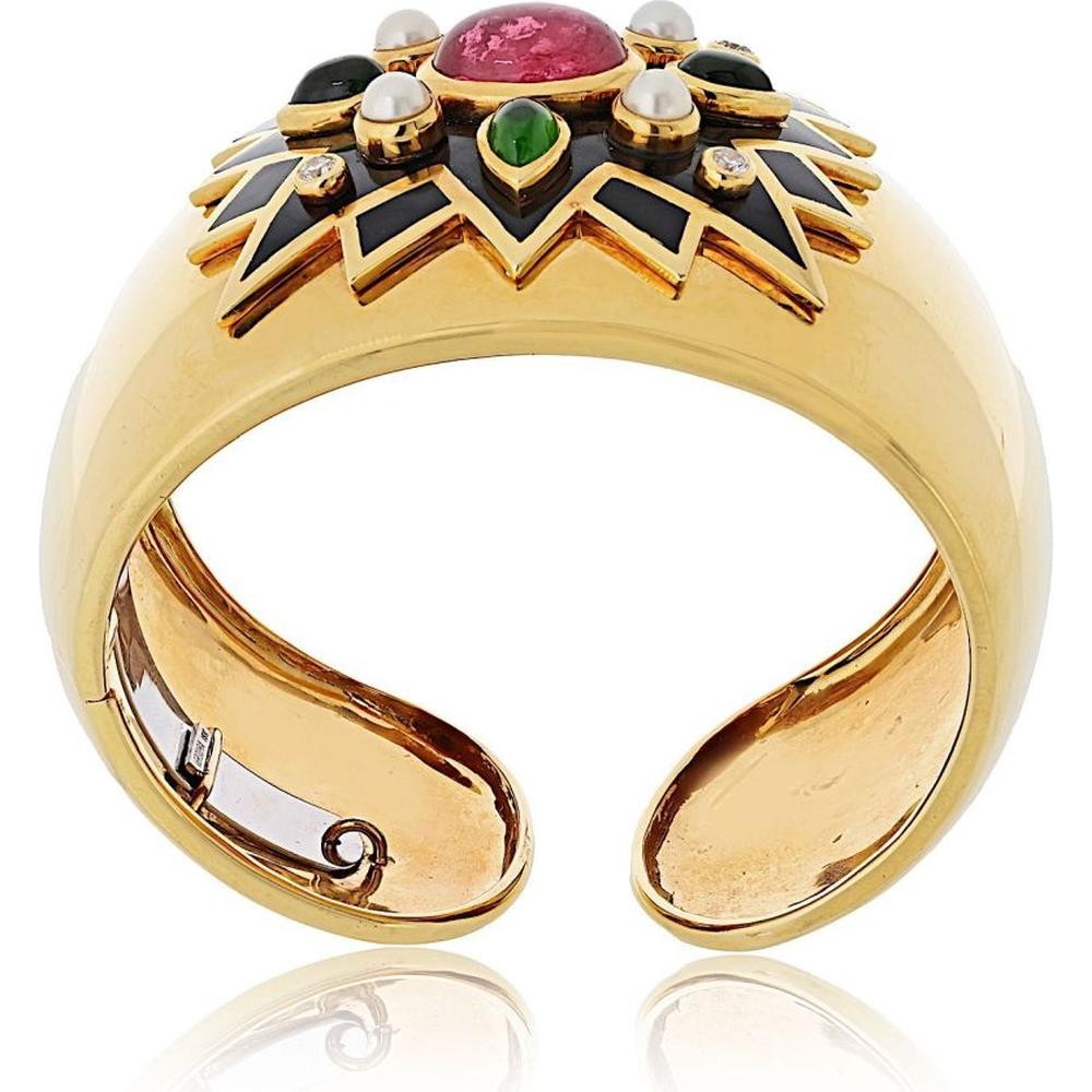 18K Yellow Gold Verdura Maltese Cross Cuff Bracelet with Tourmaline, Peridot, Pearls & Diamonds - Sunburst Design for Petite Wrist