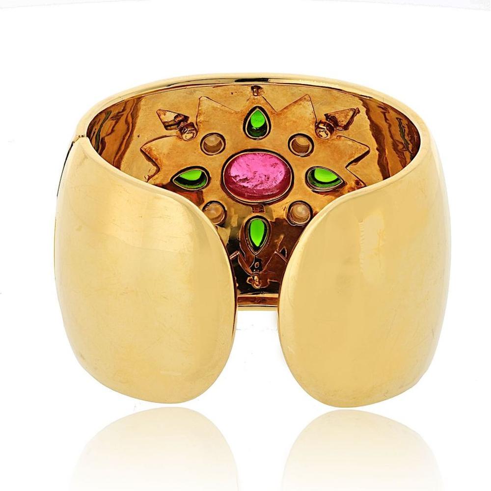 18K Yellow Gold Verdura Maltese Cross Cuff Bracelet with Tourmaline, Peridot, Pearls & Diamonds - Sunburst Design for Petite Wrist