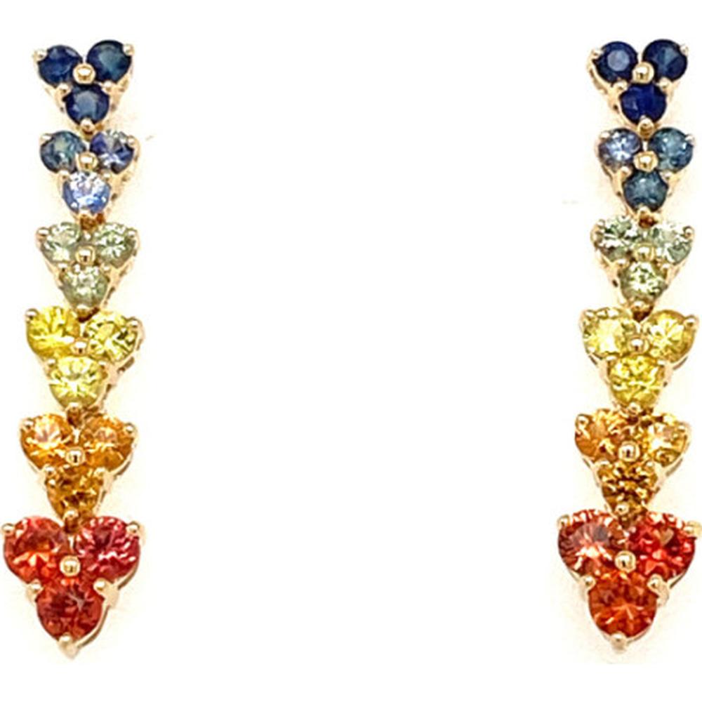 18K Yellow Gold Vertical Drop Earrings with Heart-Shaped Multi-Color Sapphires by Afarin
