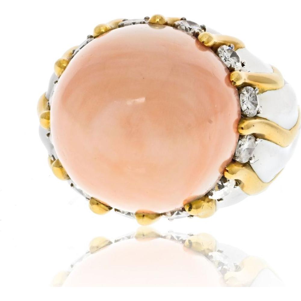 David Webb 18K Yellow Gold Vintage Coral Diamond Ring