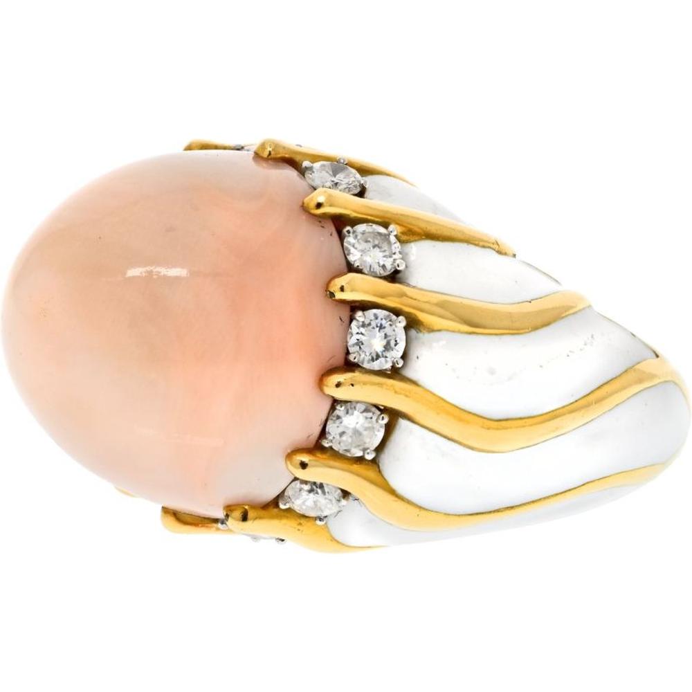 David Webb 18K Yellow Gold Vintage Coral Diamond Ring