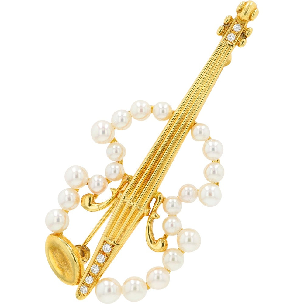 18K Yellow Gold Violin Brooch with Round Cultured Pearls and Accent Diamonds