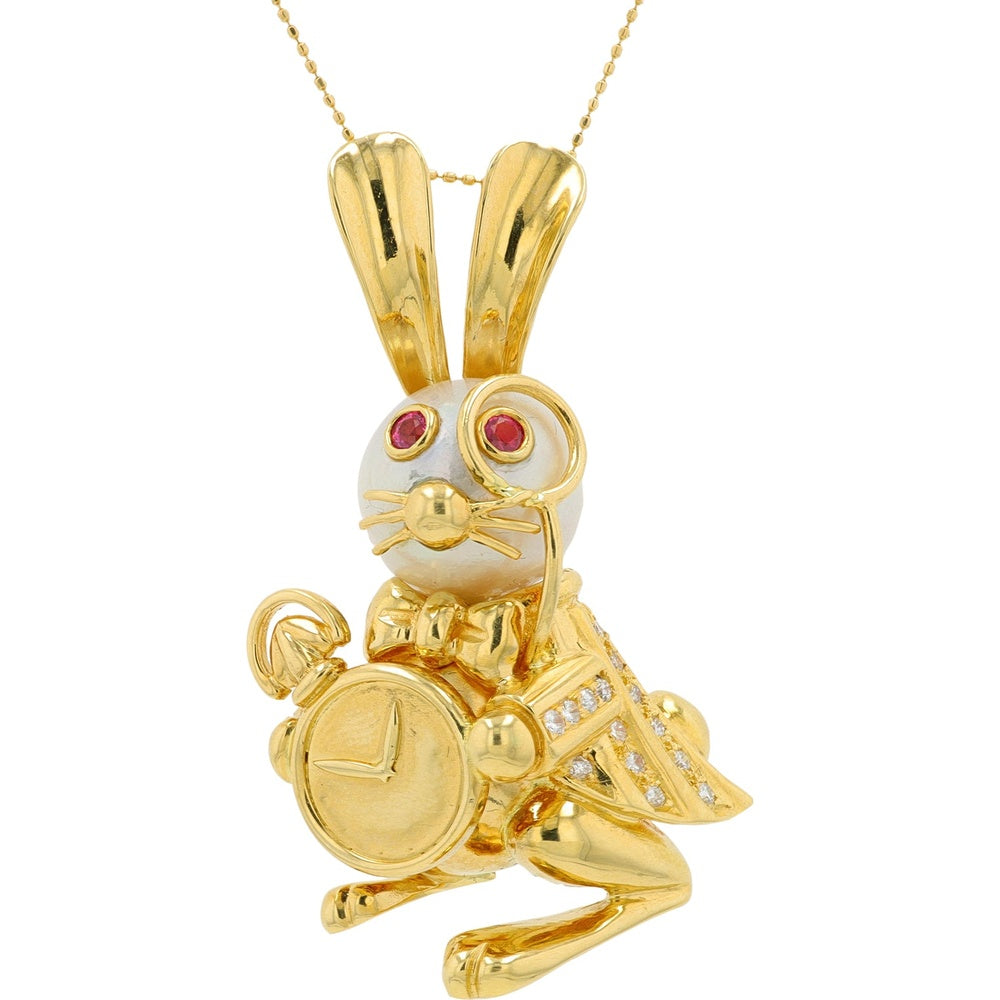 18K Yellow Gold Whimsical Rabbit Pendant with Pearl Face, Ruby Eyes and Diamond Accents - 0.15 Carat Total Diamond Weight & 0.12 Carat Ruby Weight