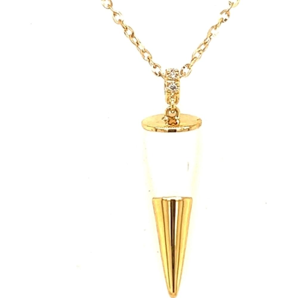 18K Yellow Gold White Enamel Spike Pendant Necklace with Diamond Accent Bail by Afarin