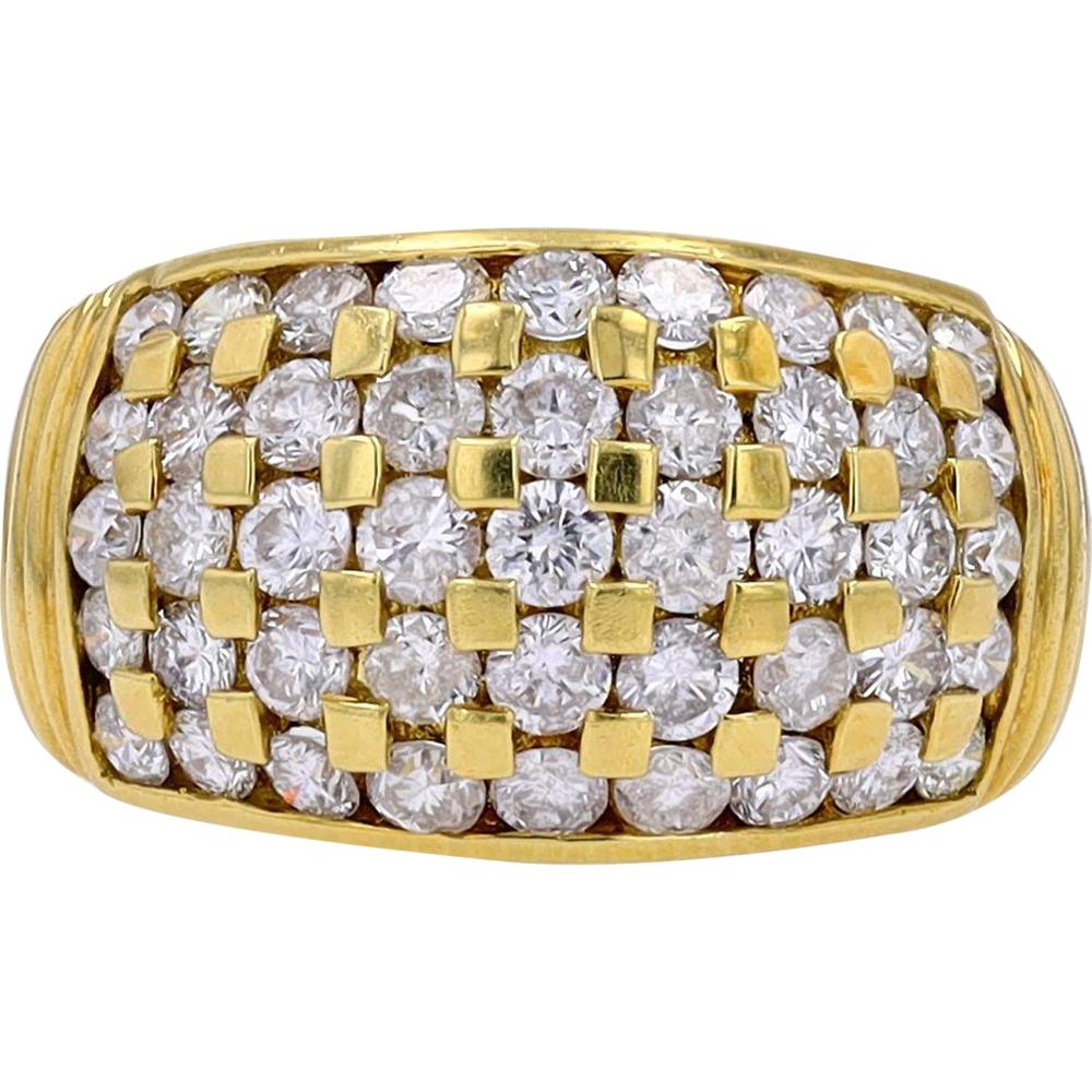 18K Yellow Gold Wide Band Ring with 2.05 Carats of Round Brilliant Diamonds - Checkerboard Design
