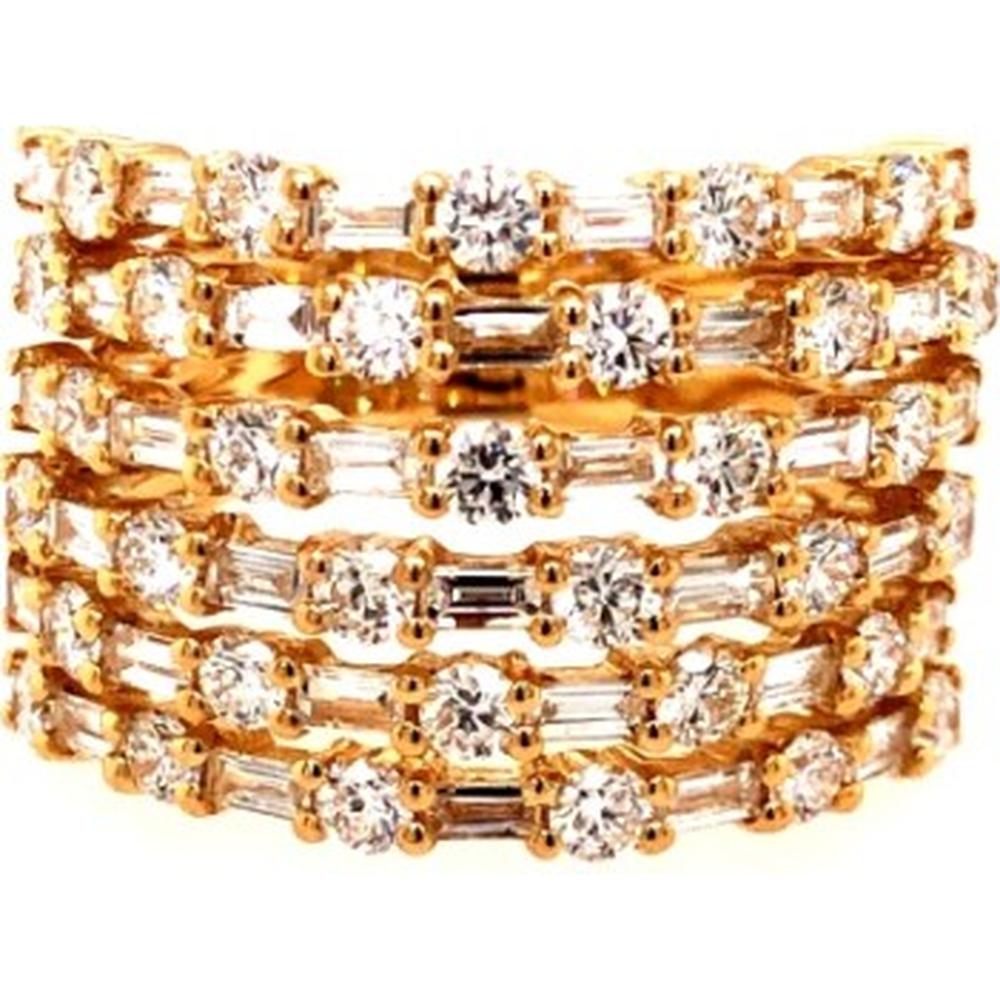 18K Yellow Gold Wide Band Ring with Alternating Round and Baguette Diamonds by Afarin