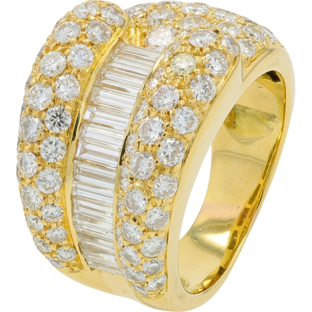 18K Yellow Gold Wide Band Ring with Channel-Set Baguette and Prong-Set Round Diamonds - 3.65 Carat Total Diamond Weight
