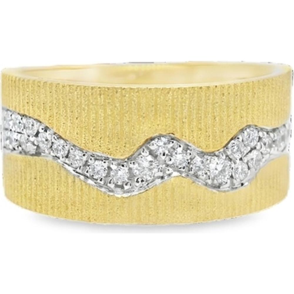 18K Yellow Gold Wide Band Ring with Flowing Round Diamond Wave Accent by Afarin