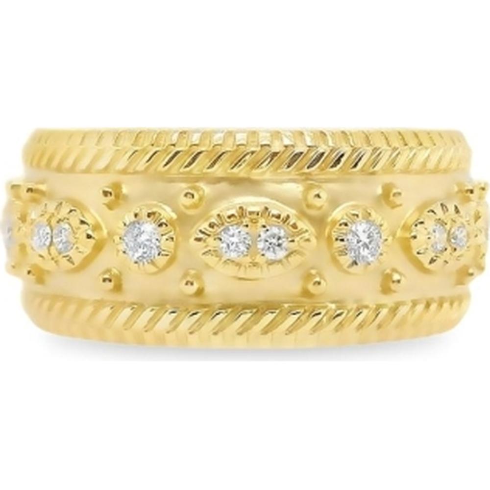 18K Yellow Gold Wide Diamond Band Ring with Alternating Round and Marquise-Inspired Stations by Afarin