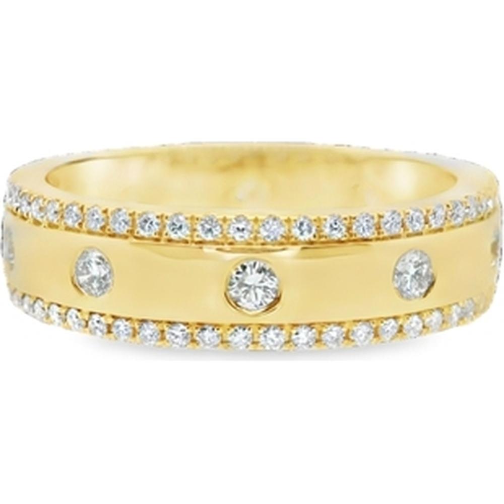 18K Yellow Gold Wide Diamond Band Ring with Bezel Set Round Diamonds and Pavé Diamond Edges by Afarin