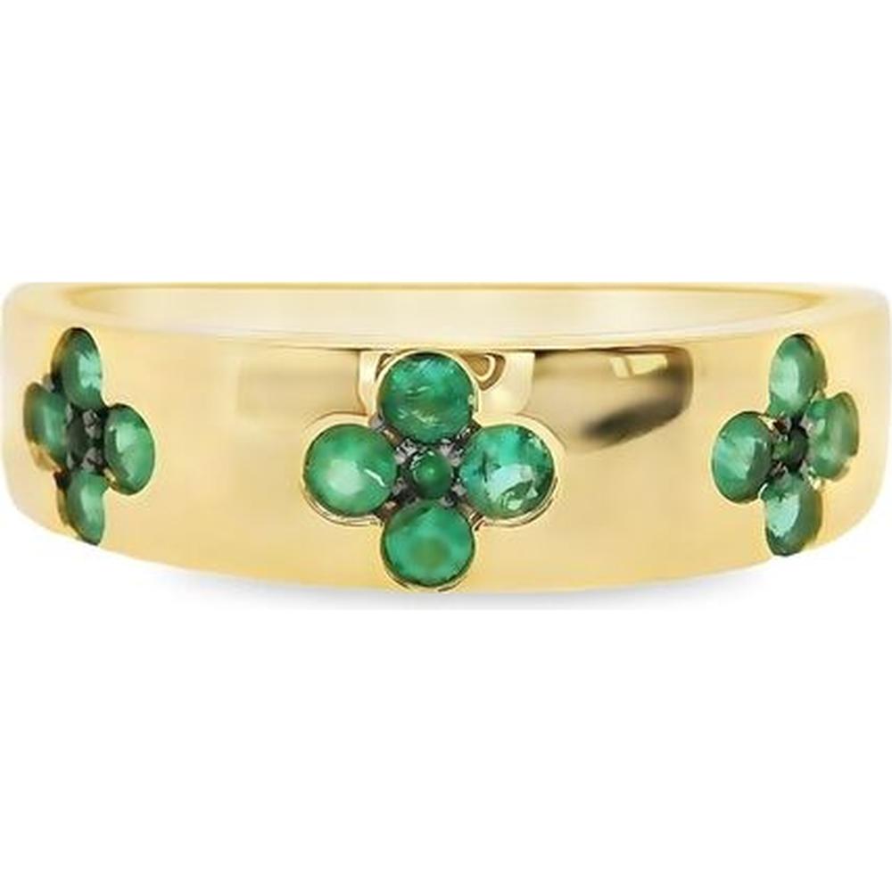 18K Yellow Gold Wide Floral Motif Ring with Round Emeralds by Afarin