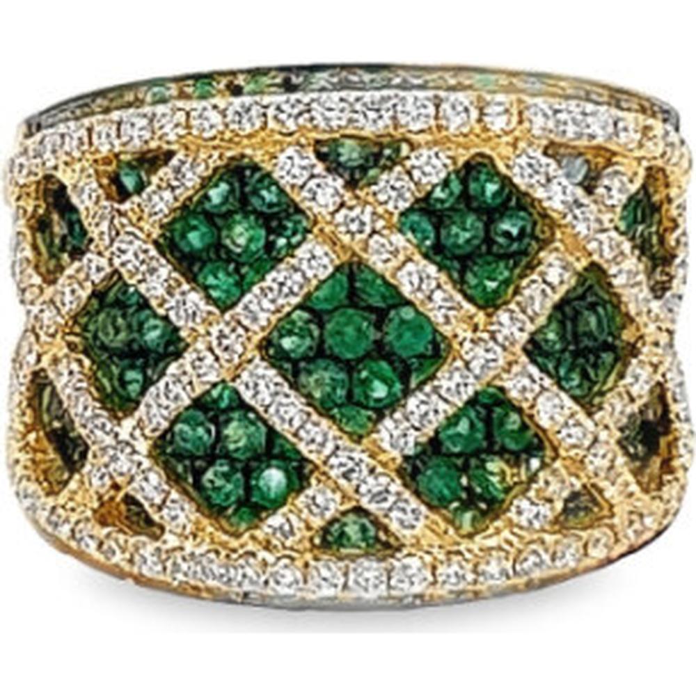 18K Yellow Gold Wide Lattice Ring with Diamonds and Emeralds by Afarin
