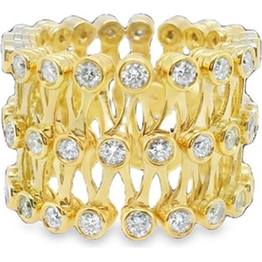 18K Yellow Gold Wide Openwork Band Ring with Bezel-Set Round Diamonds by Afarin